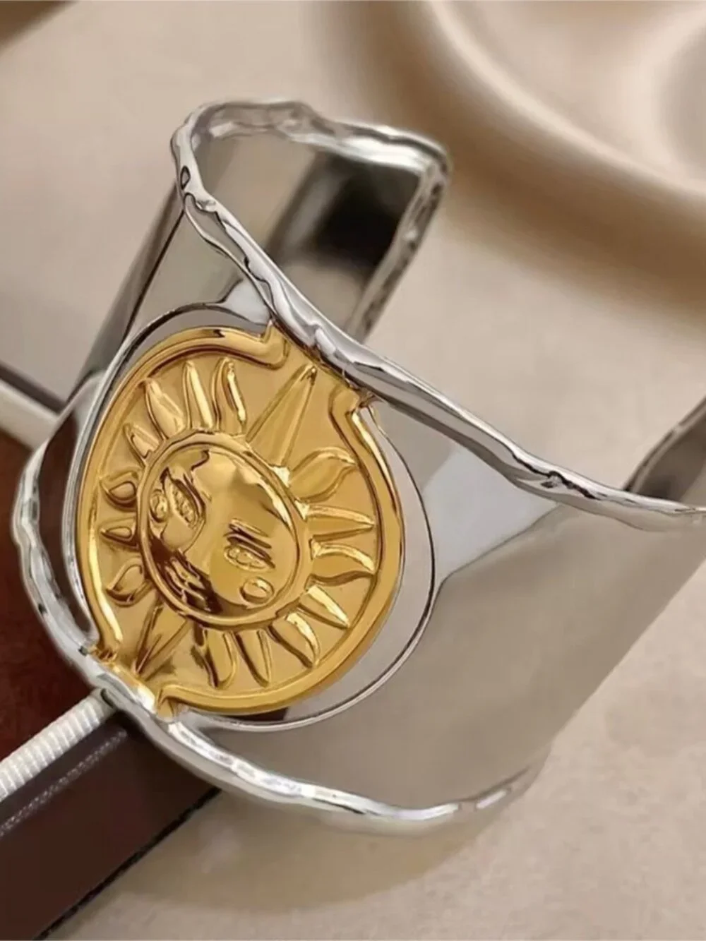 Two-Tone Sun Medallion Cuff Bracelet - Gold & Silver